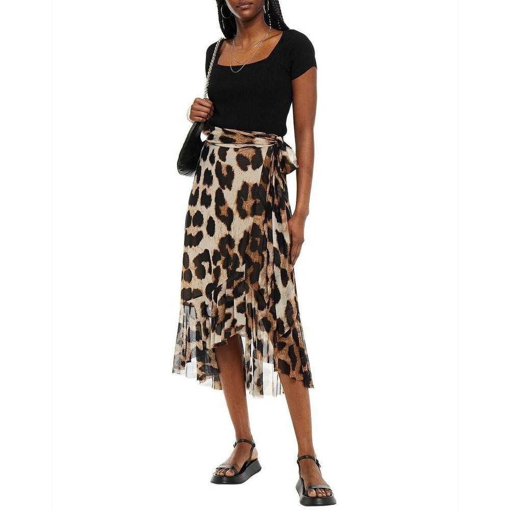 GANNI Leopard Print Mesh Ruffled Wrap Midi Skirt Brown EU 38 US 6 $245